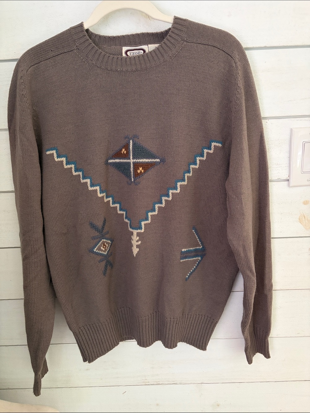 IZOD Vintage Southwestern Geometric Knit Crewneck Sweater Taupe Brown men’s L